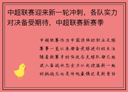 中超联赛迎来新一轮冲刺，各队实力对决备受期待，中超联赛新赛季