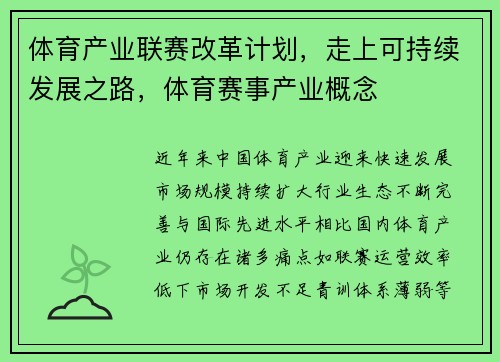 体育产业联赛改革计划，走上可持续发展之路，体育赛事产业概念