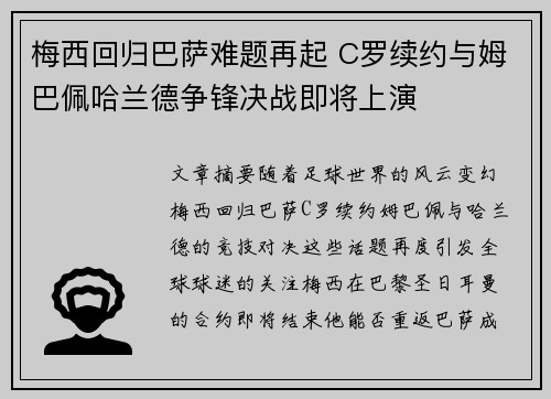 梅西回归巴萨难题再起 C罗续约与姆巴佩哈兰德争锋决战即将上演